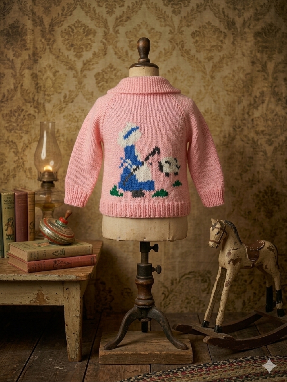 Vintage Handmade Pink Knit Zip Sweater – Child 6-7 Years – Wool / Little Bo Peep